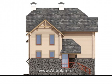 «АльфаВУД» - проект двухэтажного дома из дерева, на цоколе из кирпича, с сауной и с биллиардной, с гаражом - превью фасада дома