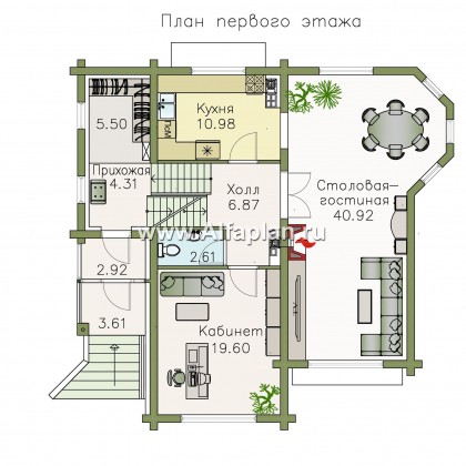 «АльфаВУД» - проект двухэтажного дома из дерева, на цоколе из кирпича, с сауной и с биллиардной, с гаражом - превью план дома