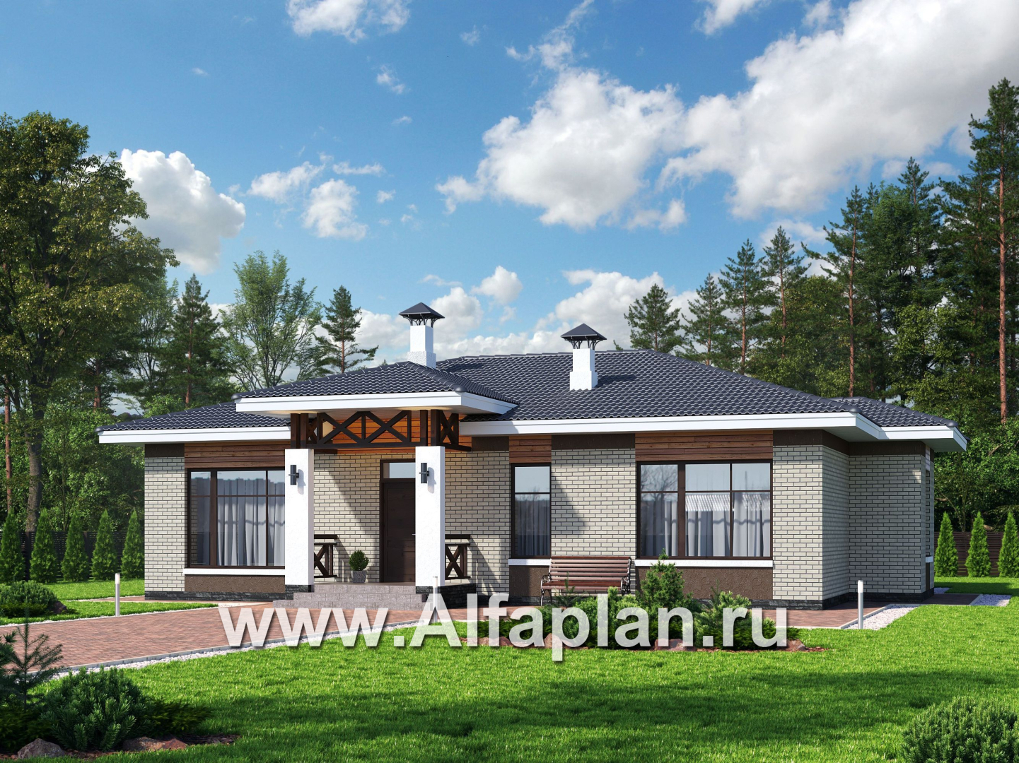 Проекты домов Альфаплан - «Покровка» - проект одноэтажного дома с террасой - основное изображение