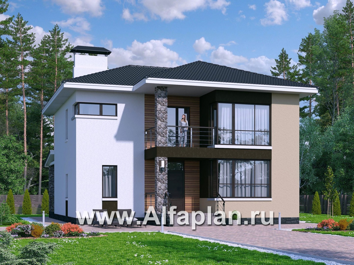 Проекты домов Альфаплан - «Формула успеха» - современный коттедж с угловыми окнами - основное изображение