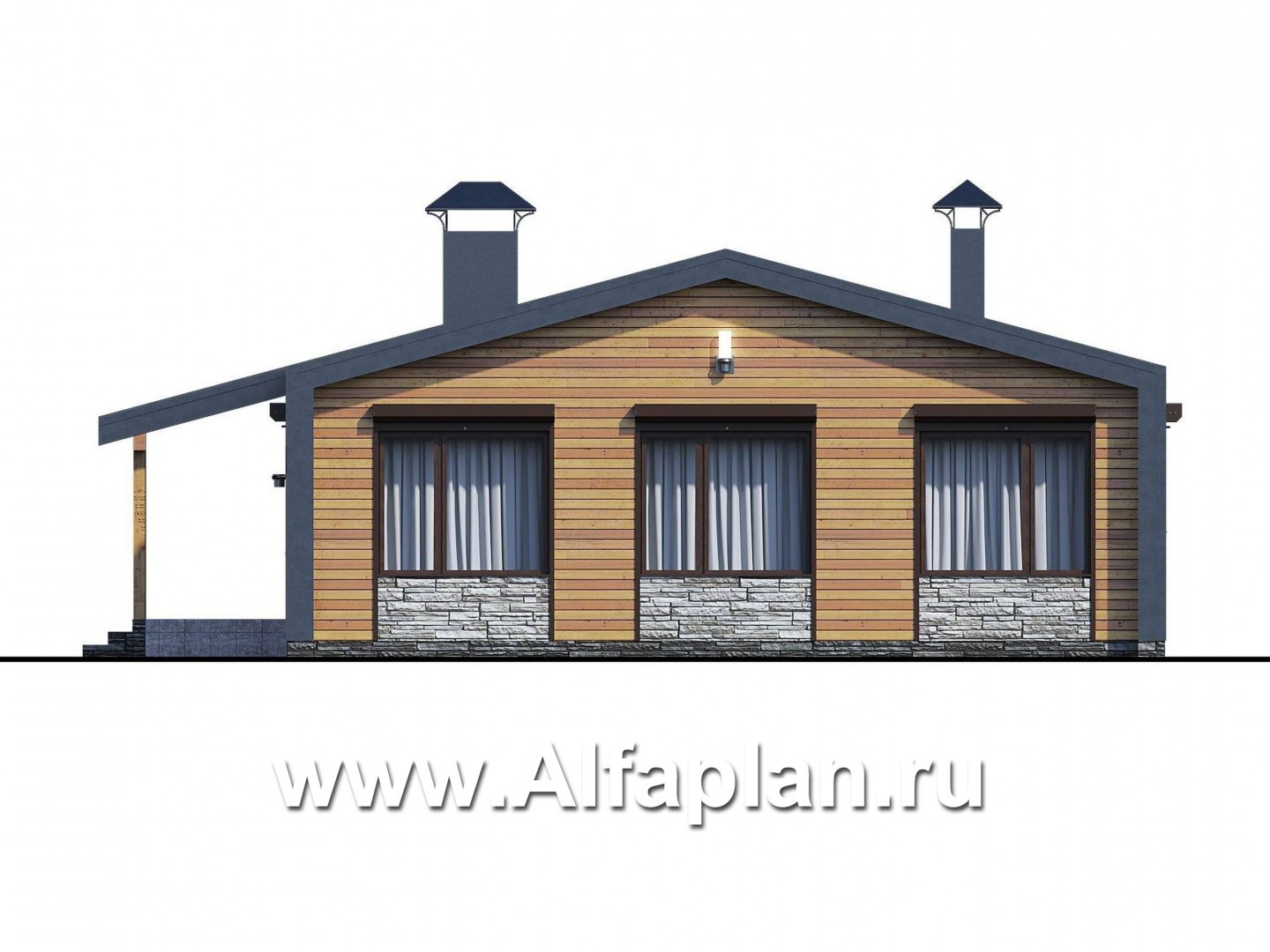 «Каппа» -  проект одноэтажного дома, с террасой, в стиле барн, 3 спальни увеличены - фасад дома