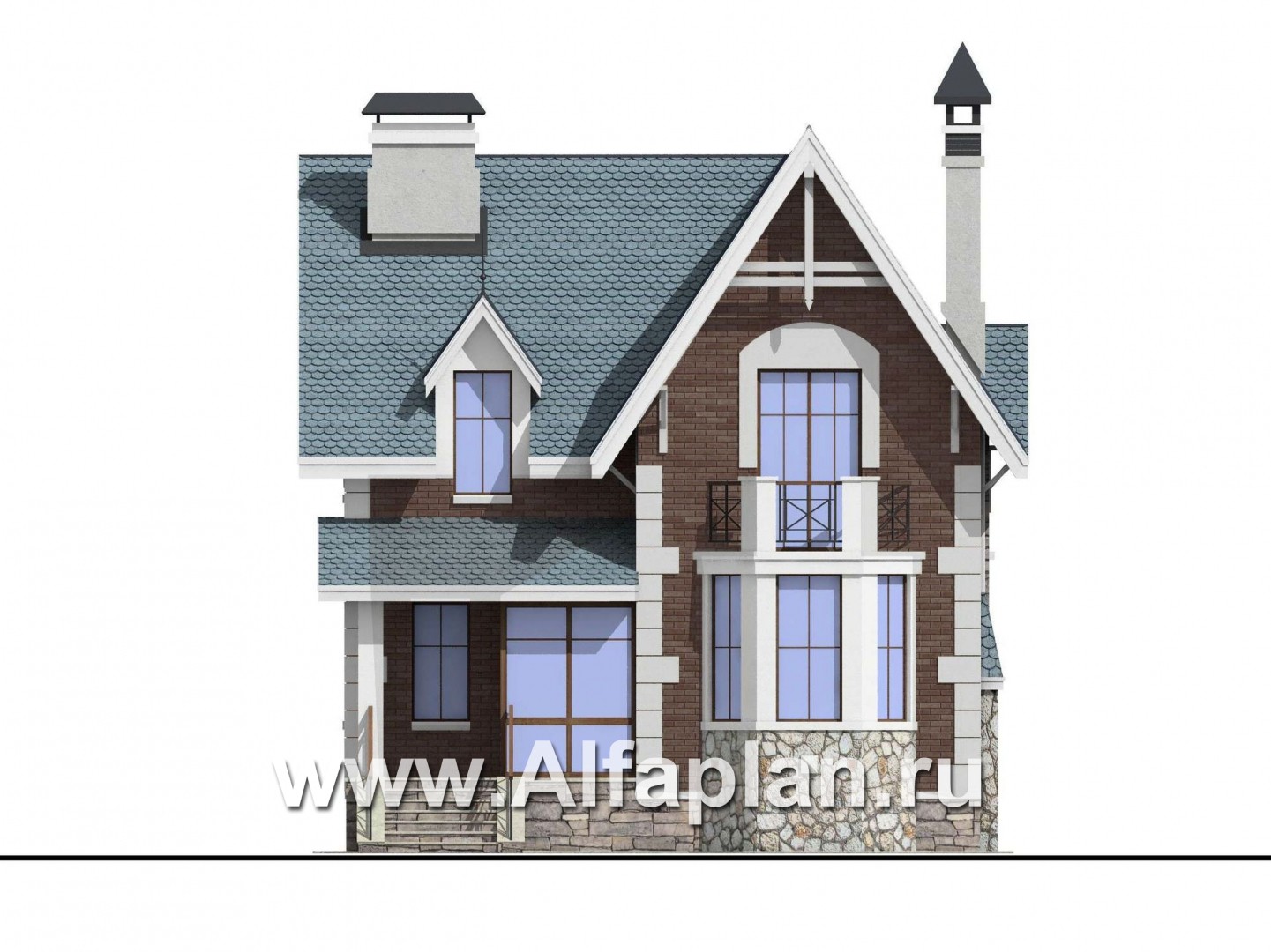 Проекты домов Альфаплан - «Стелла»- проект дома с мансардой, с кабинетом, с террасой, в английском стиле - изображение фасада №1