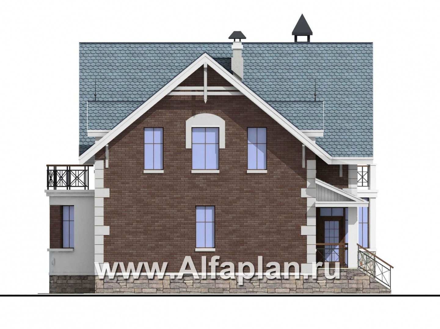 Проекты домов Альфаплан - «Стелла»- проект дома с мансардой, с кабинетом, с террасой, в английском стиле - изображение фасада №3