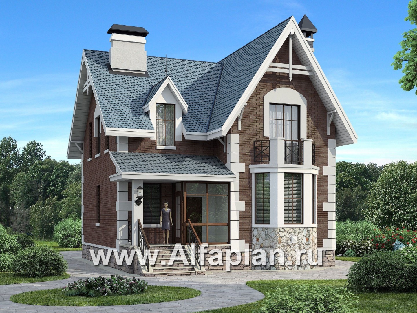 Проекты домов Альфаплан - «Стелла»- проект дома с мансардой, с кабинетом, с террасой, в английском стиле - основное изображение