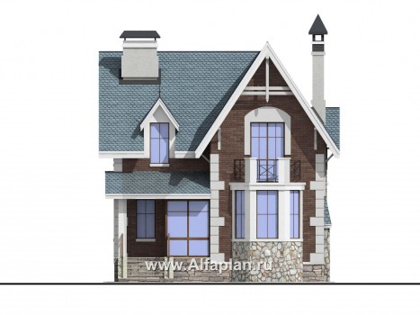 Проекты домов Альфаплан - «Стелла»- проект дома с мансардой, с кабинетом, с террасой, в английском стиле - превью фасада №1
