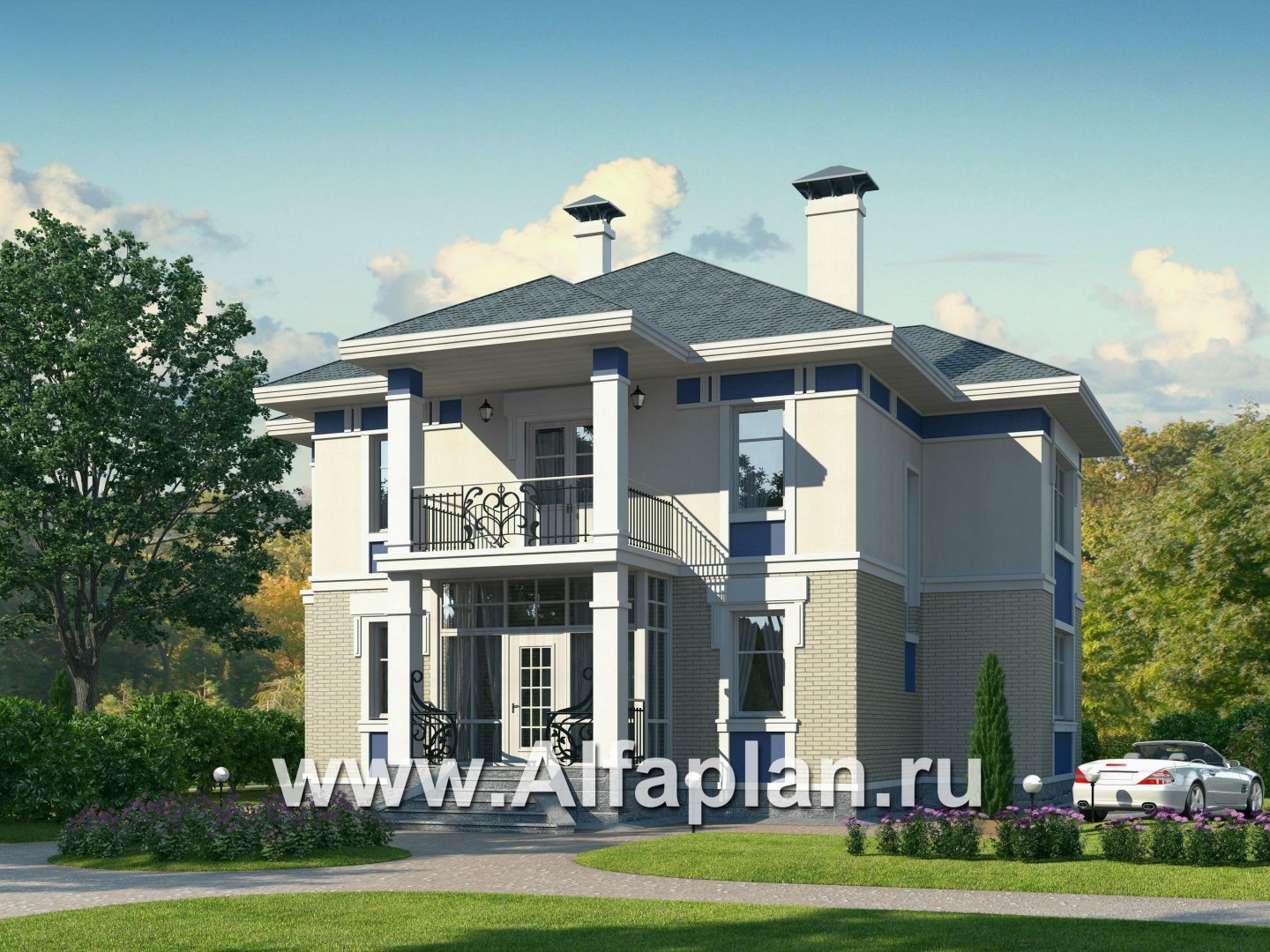«Аристократ» - проект современного двухэтажного дома с террасой и балконом, в стиле модерн - основное изображение