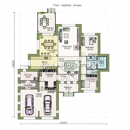 «Рейн» - проект двухэтажного дома, вилла со вторым светом в холле, с террасой и с гаражом на 2 авто - превью план дома