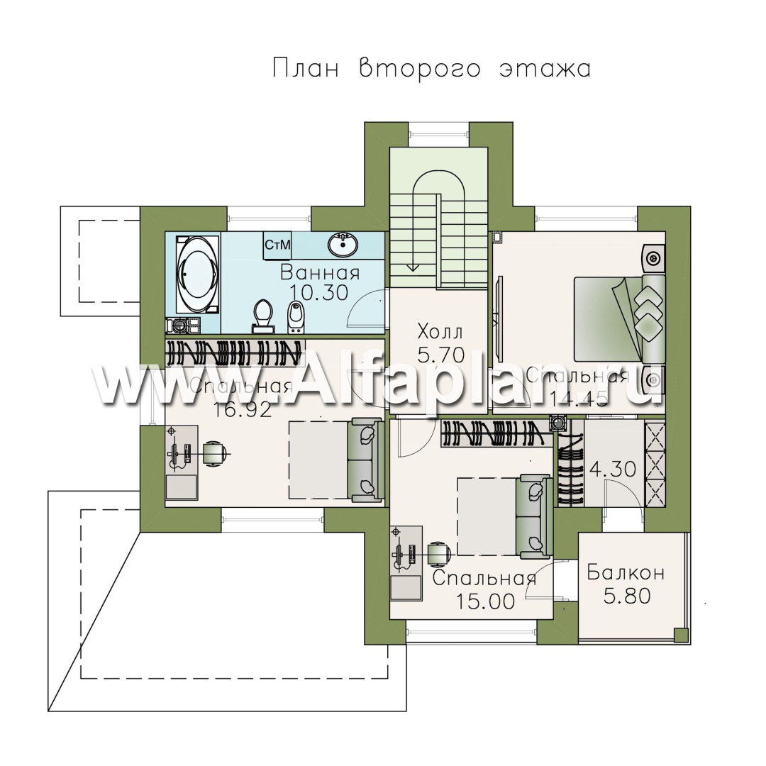 «Модерн» - проект двухэтажного дома из газобетона, с гостевой комнатой, с террасой, в стиле модерн (Серебряный век) - план дома