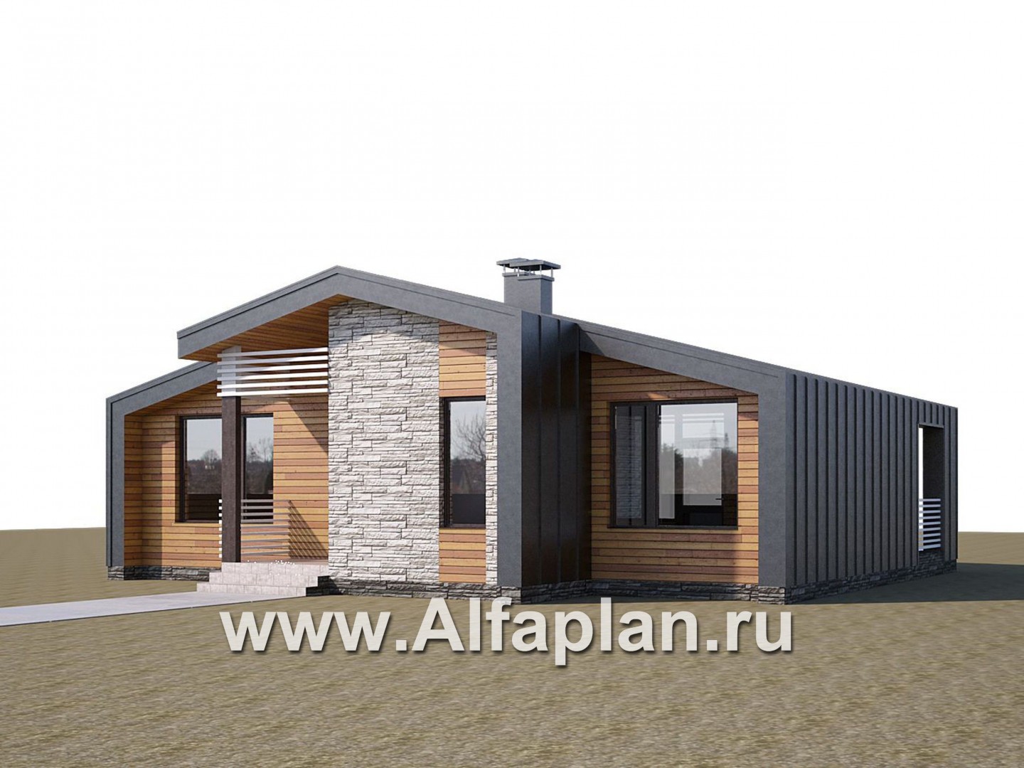 «Альфа» - проект одноэтажного каркасного дома, с сауной и с террасой, в стиле барнхаус - дизайн дома №1