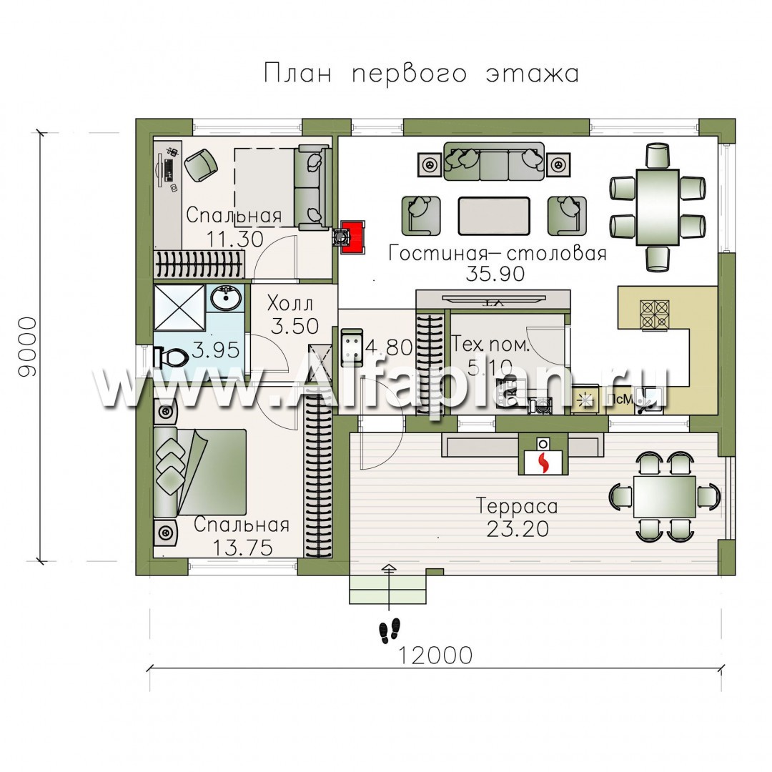 Проекты домов Альфаплан - «Бета» - проект одноэтажного каркасного дома с террасой, в скандинавском стиле - изображение плана проекта №1