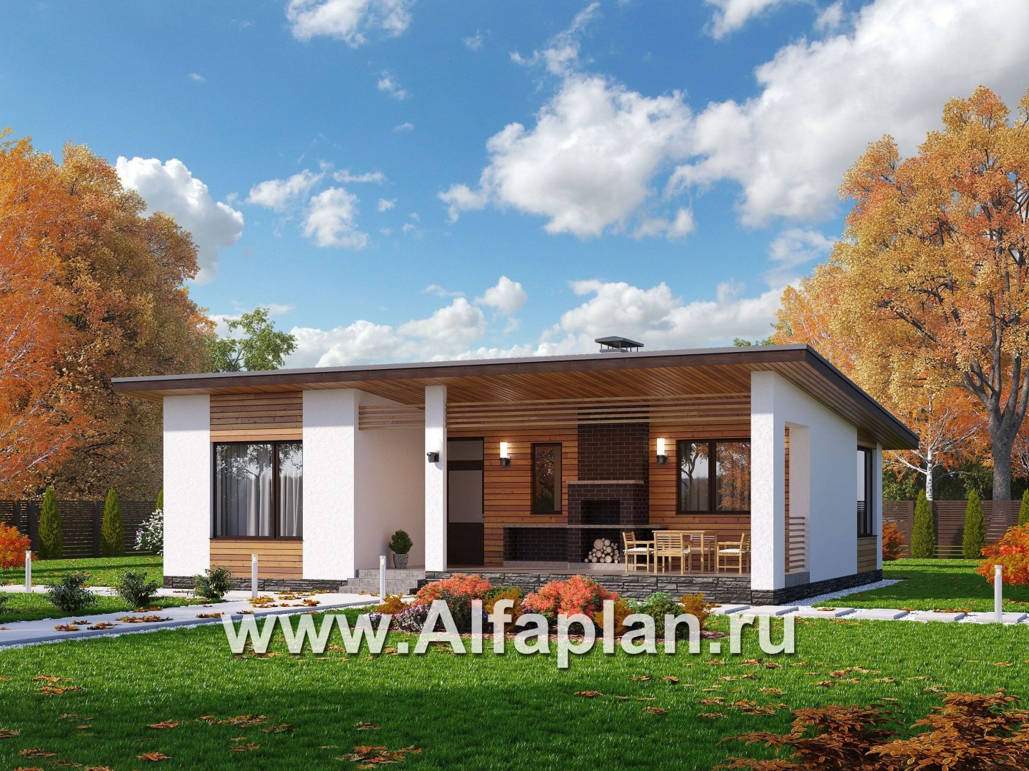Проекты домов Альфаплан - «Бета» - проект одноэтажного каркасного дома с террасой, в скандинавском стиле - основное изображение