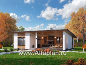 Проекты домов Альфаплан - «Бета» - проект одноэтажного каркасного дома с террасой, в скандинавском стиле - превью основного изображения