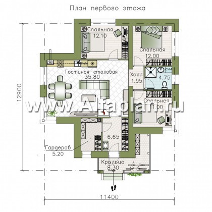 «Медиана» - проект одноэтажного дома из кирпича, с угловыми окнами - превью план дома