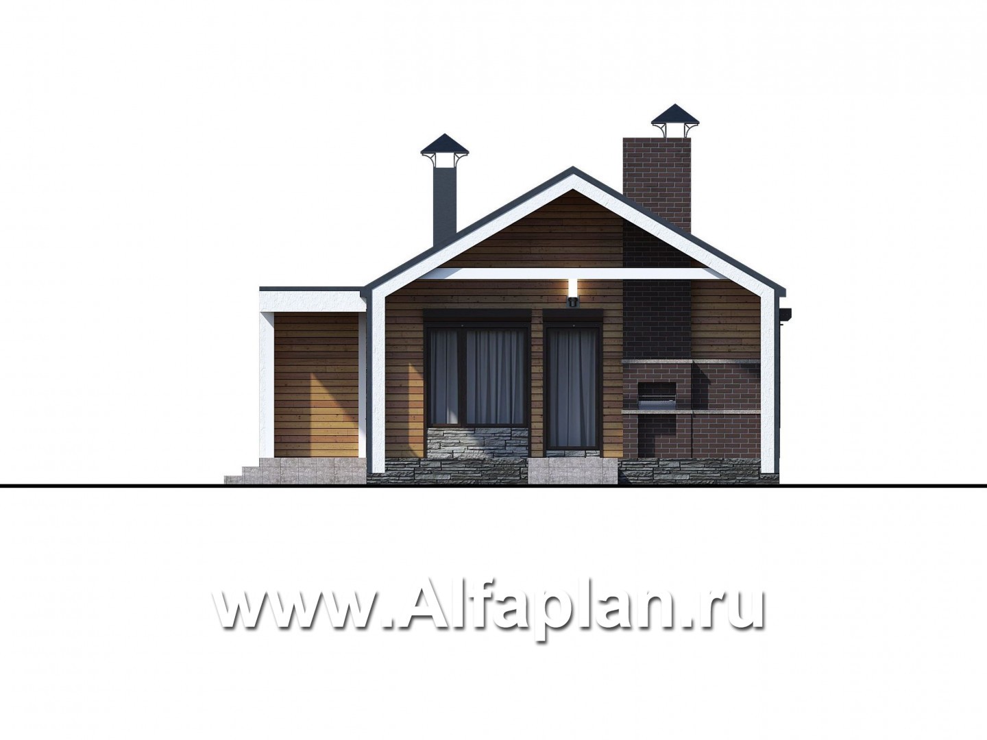 «Тета» -  проект одноэтажного дома в стиле барнхаус, с террасой и барбекю на террасе, 2 спальни - фасад дома