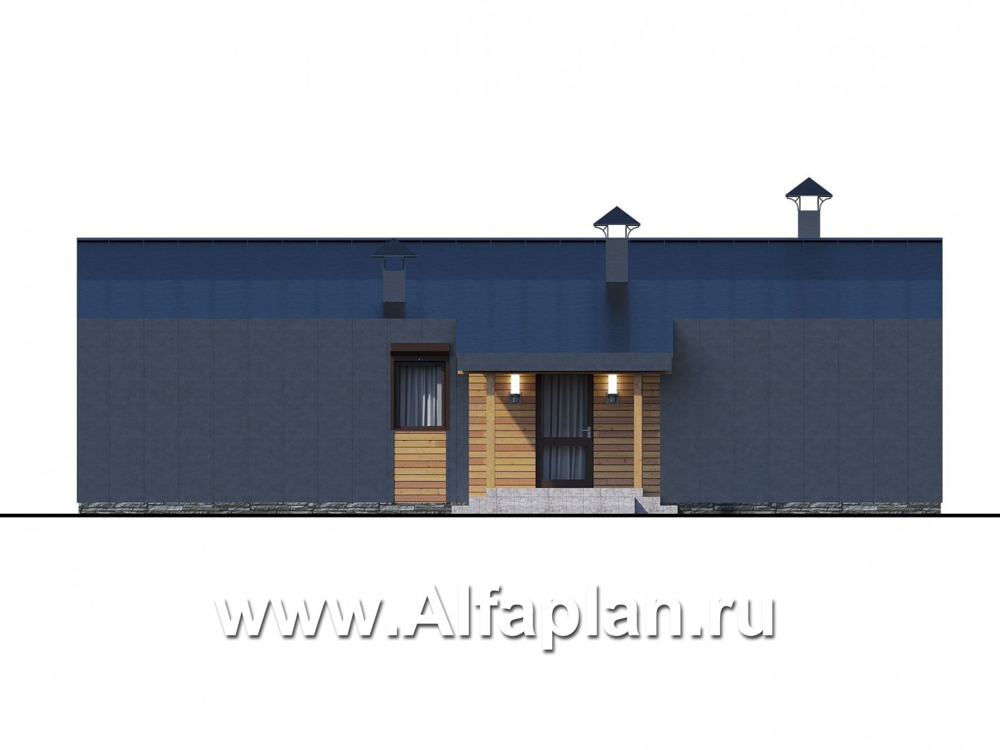 «Йота» -  проект одноэтажного домав стиле барн, с сауной, с террасой сбоку, 2 спальни - фасад дома