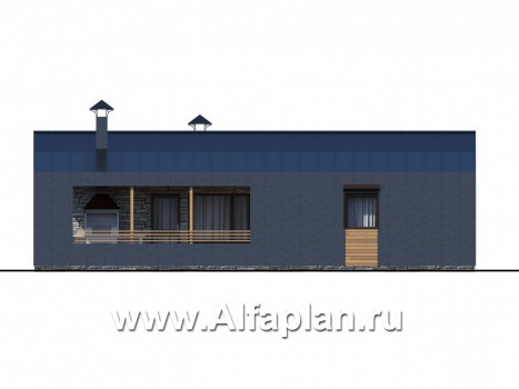 «Йота» -  проект одноэтажного домав стиле барн, с сауной, с террасой сбоку, 2 спальни - превью фасада дома