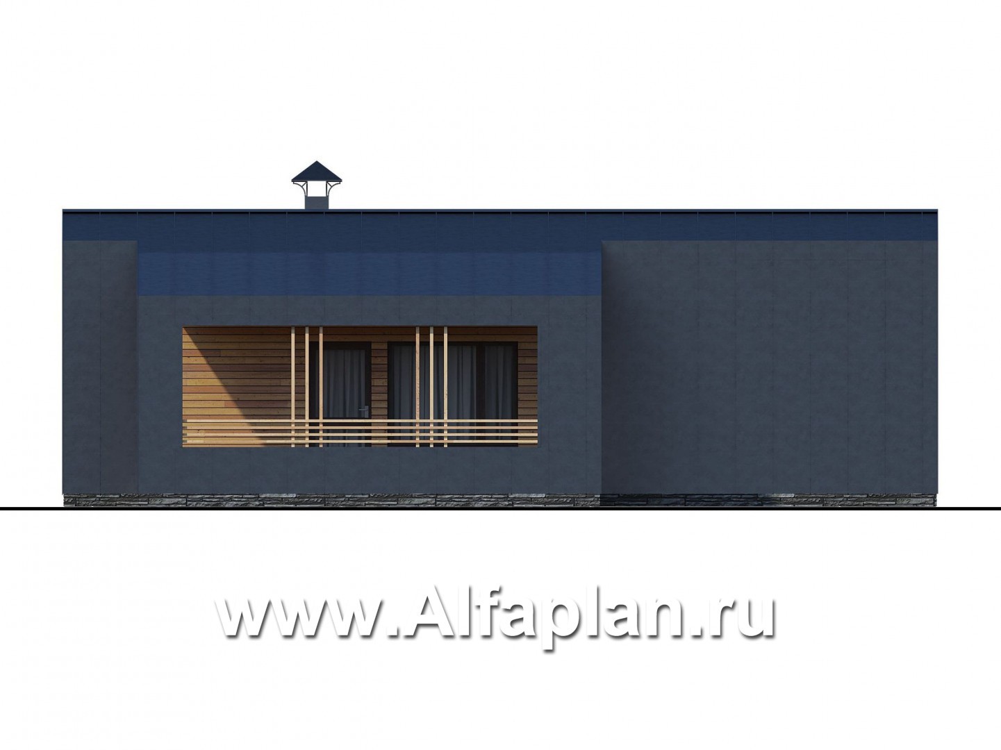 Проекты домов Альфаплан - «Каппа» -  проект одноэтажного дома, с террасой, в стиле барн, 2 спальни - изображение фасада №2