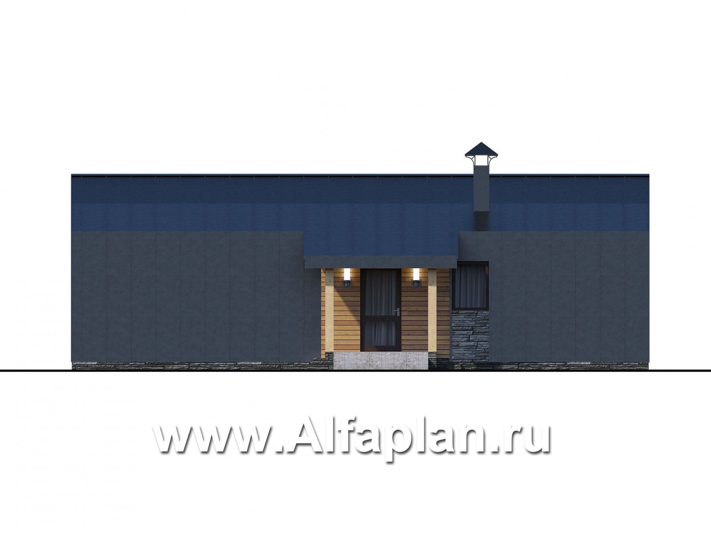Проекты домов Альфаплан - «Каппа» -  проект одноэтажного дома, с террасой, в стиле барн, 2 спальни - изображение фасада №3