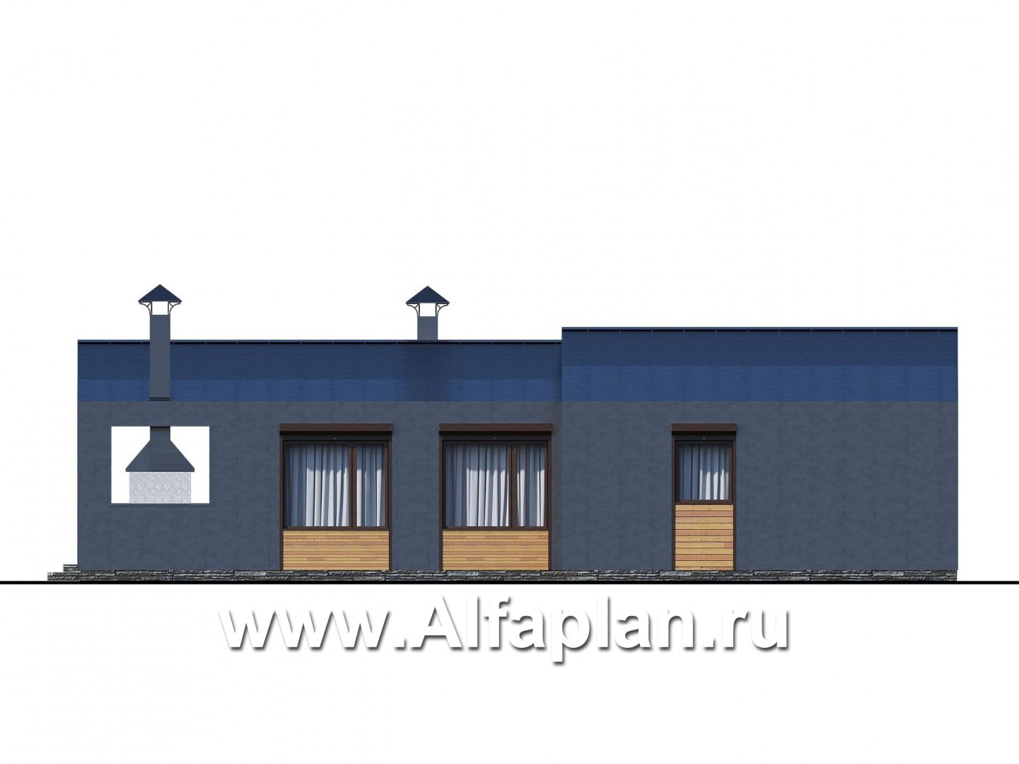 «Каппа» -  проект одноэтажного дома, с террасой, в стиле барн, 3 спальни или 2 спальни и сауна - фасад дома