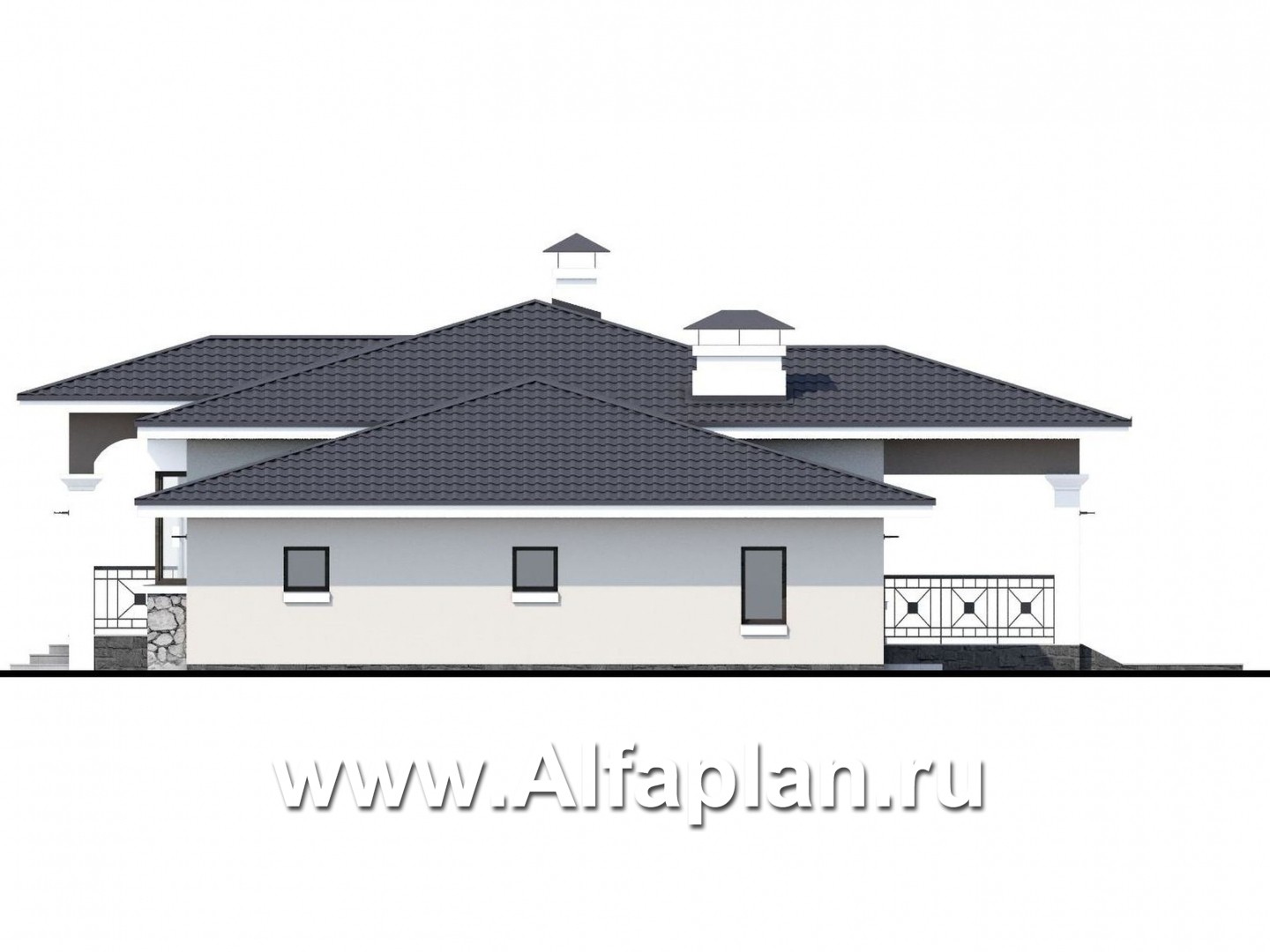 «Новый свет» - проект одноэтажного дома с эркером и с террасой, с гаражом, для небольшой семьи - фасад дома