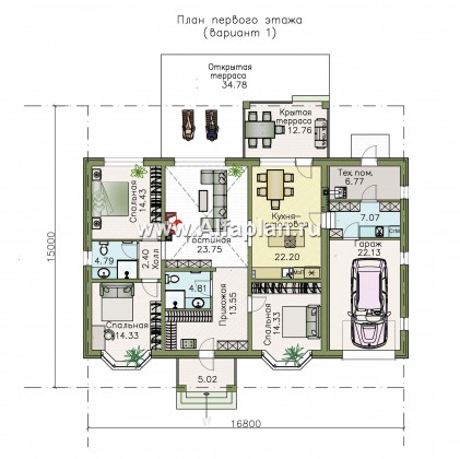 «Новый свет» - проект одноэтажного дома с эркером и с террасой, с гаражом, для небольшой семьи - превью план дома