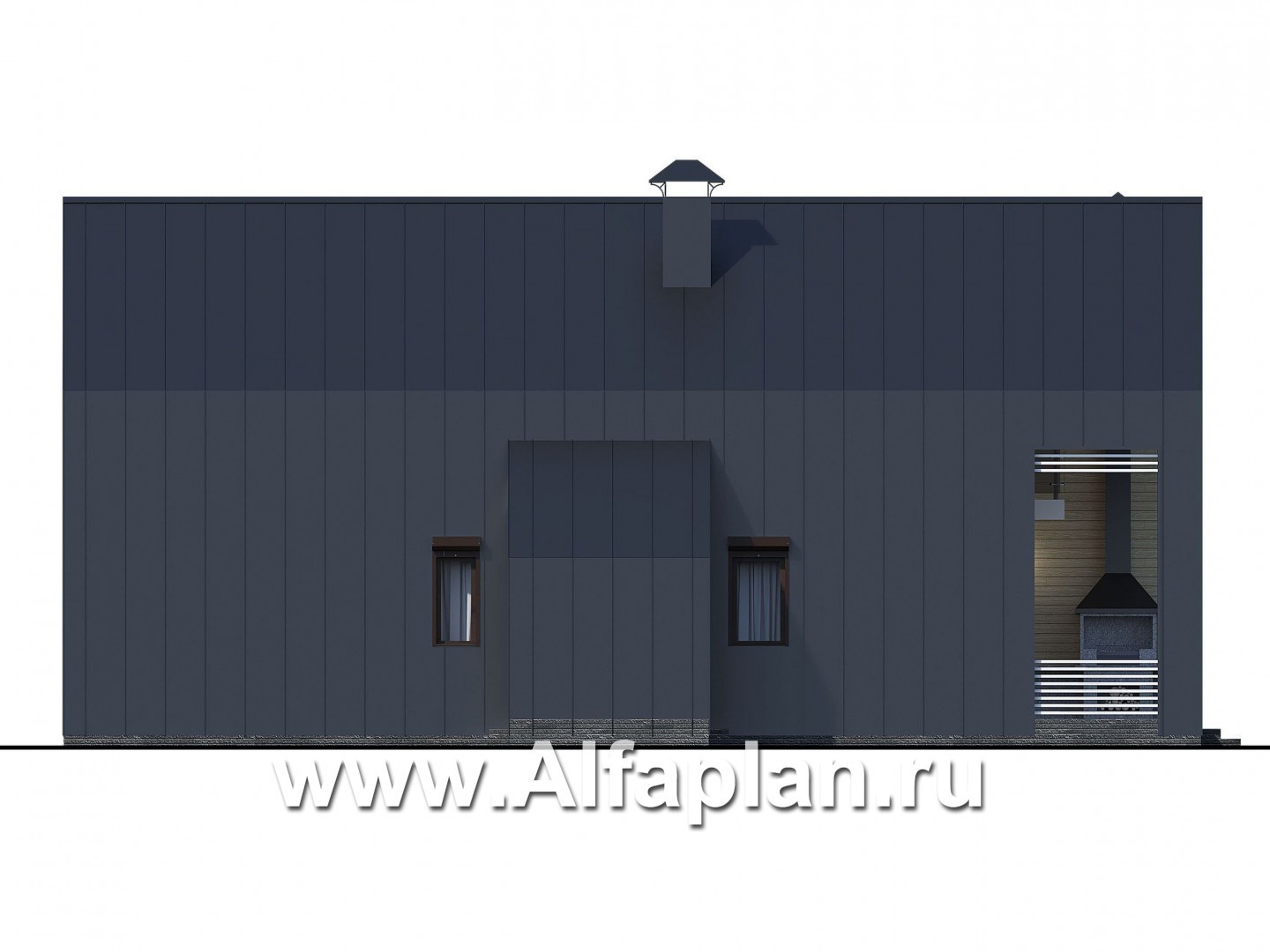Проекты домов Альфаплан - «Омега» - проект двухэтажного каркасного коттеджа, с террасой, план дома с 5-ю спальнями - изображение фасада №3