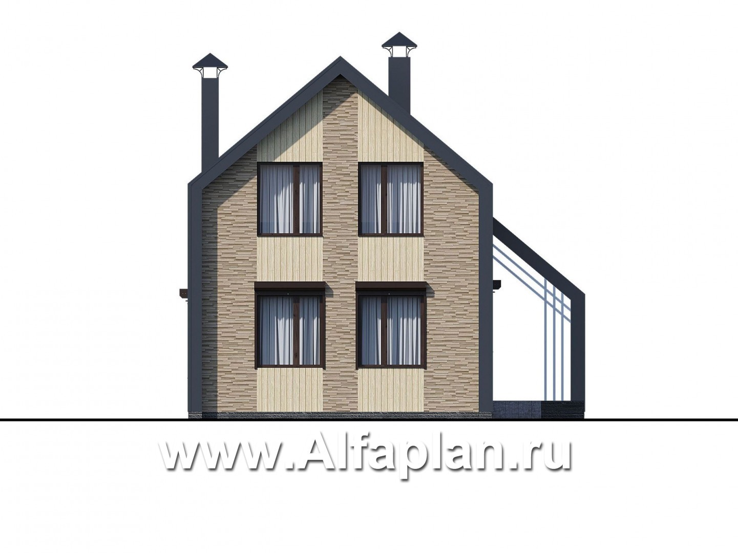 Проекты домов Альфаплан - «Омега» - проект двухэтажного каркасного коттеджа, с террасой, план дома с 5-ю спальнями - изображение фасада №4