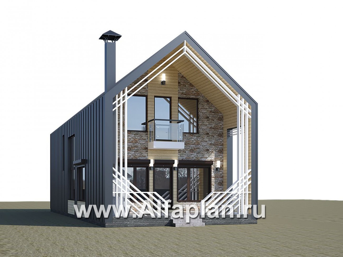 Проекты домов Альфаплан - «Омега» - проект двухэтажного каркасного коттеджа, с террасой, план дома с 5-ю спальнями - дополнительное изображение №1