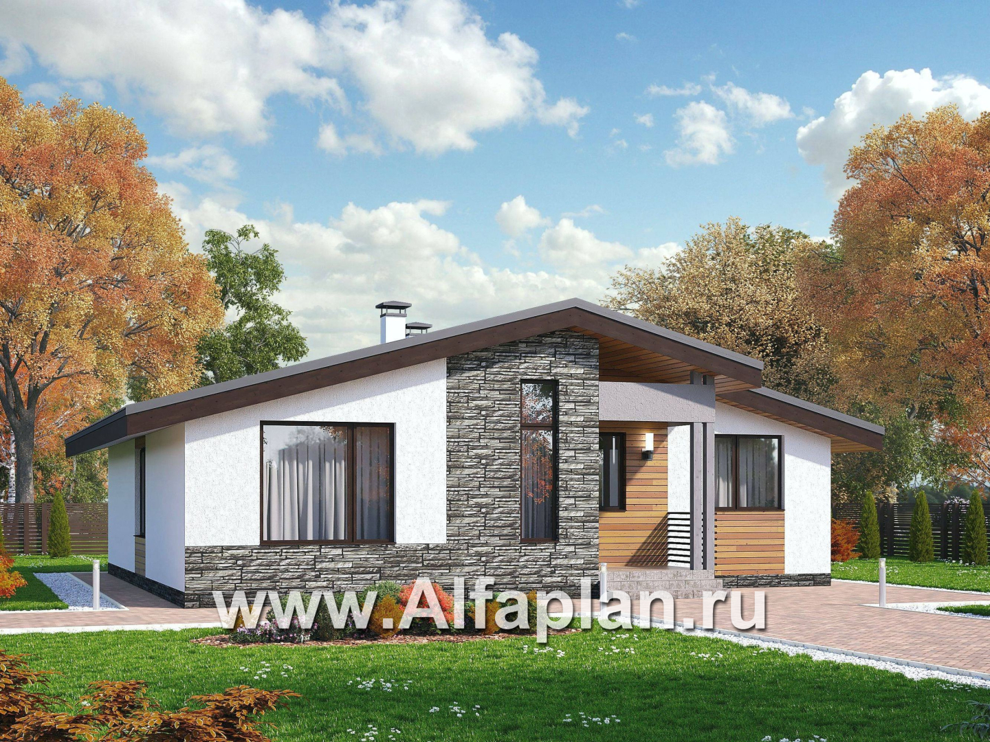 Проекты домов Альфаплан - «Калисто» - проект одноэтажного дома,  в скандинавском стиле, с террасой и с островным камином - основное изображение