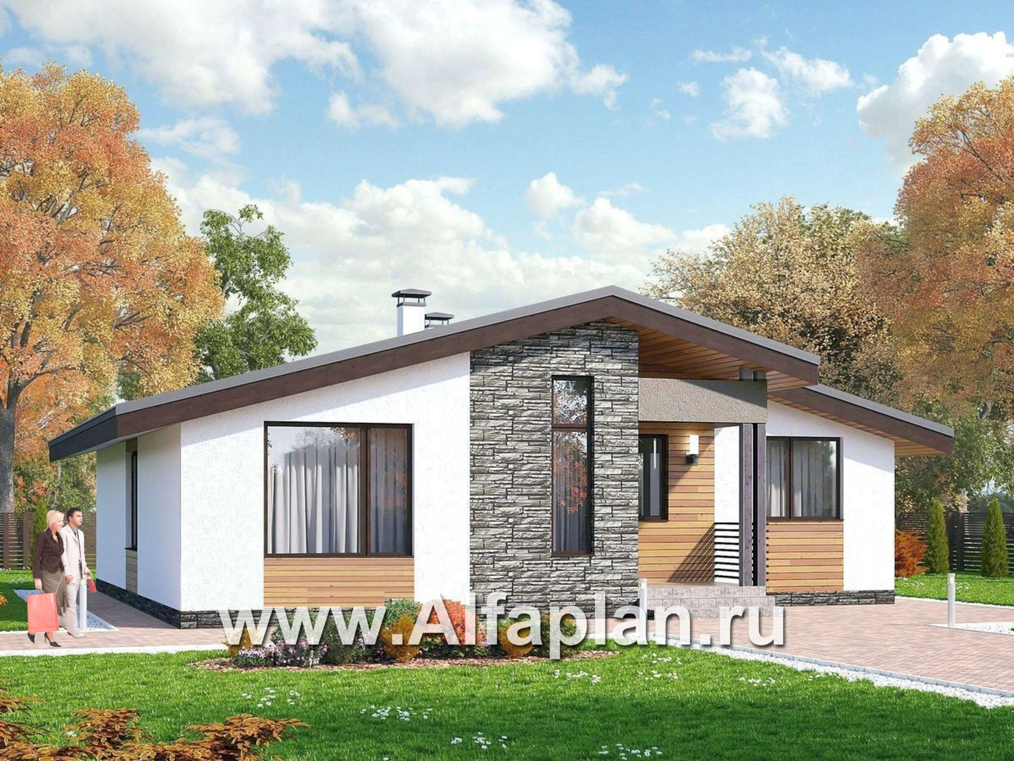 Проекты домов Альфаплан - «Калисто» - проект одноэтажного дома,  в скандинавском стиле, с террасой и с островным камином - дополнительное изображение №3