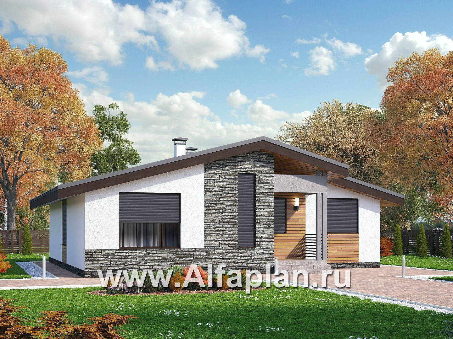 Проекты домов Альфаплан - «Калисто» - проект одноэтажного дома,  в скандинавском стиле, с террасой и с островным камином - дополнительное изображение №4