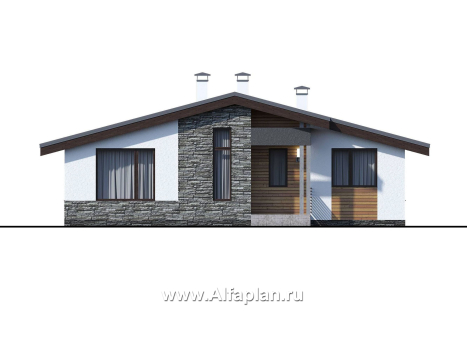 Проекты домов Альфаплан - «Калисто» - проект одноэтажного дома,  в скандинавском стиле, с террасой и с островным камином - превью фасада №1