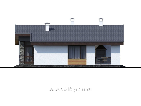 Проекты домов Альфаплан - «Калисто» - проект одноэтажного дома,  в скандинавском стиле, с террасой и с островным камином - превью фасада №2
