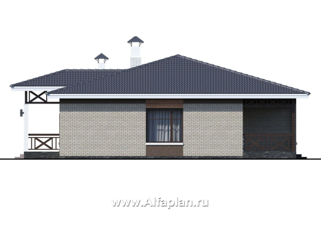 Проекты домов Альфаплан - «Покровка» - красивый дом, проект одноэтажного коттеджа из газобетона, мастер спальня, с террасой - превью фасада №2