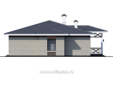 Проекты домов Альфаплан - «Покровка» - красивый дом, проект одноэтажного коттеджа из газобетона, мастер спальня, с террасой - превью фасада №3