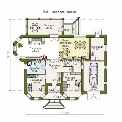 «Амбиент» - проект двухэтажного дома с двумя эркерами в стиле замка, с террасой и с гаражом на 2 авто - превью план дома