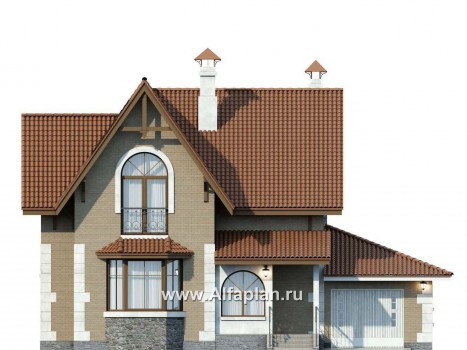 «Примавера» - проект дома с мансардой, с эркером и террасой, с гаражом на 1 авто, в английском стиле - превью фасада дома