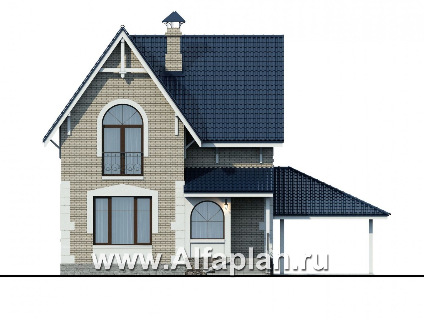 Проекты домов Альфаплан - Проект дома с мансардой из газобетона «Оптима», с гаражом-навесом - изображение фасада №1