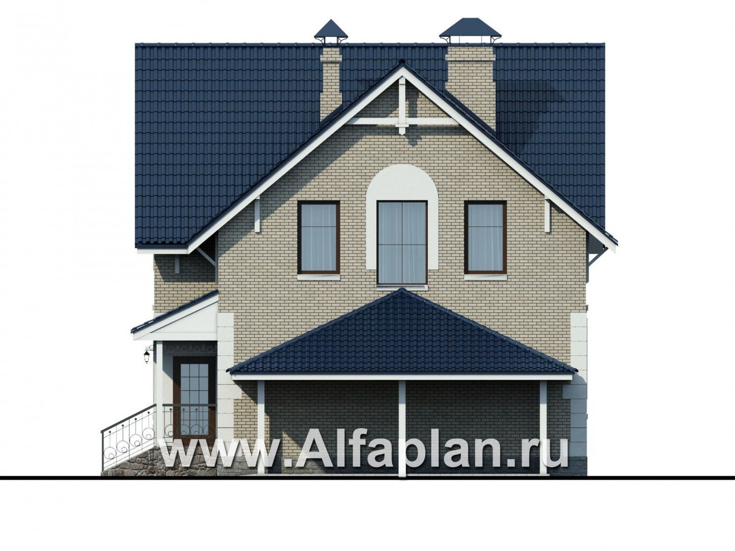 Проекты домов Альфаплан - Проект дома с мансардой из газобетона «Оптима», с гаражом-навесом - изображение фасада №2