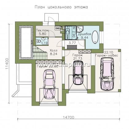 Проект трехэтажного дома из газобетона «Аура», с гаражом на 2 авто в цоколе, с сауной, в современном стиле - превью план дома