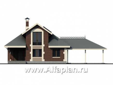 Проекты домов Альфаплан - Сауна с гостевой квартирой в мансарде и навесом на два автомобиля - превью фасада №1