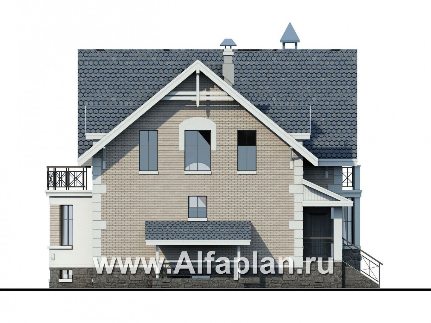 Проекты домов Альфаплан - «Стелла»- проект дома с мансардой, с террасой, с цокольным этажом, в английском стиле - изображение фасада №3