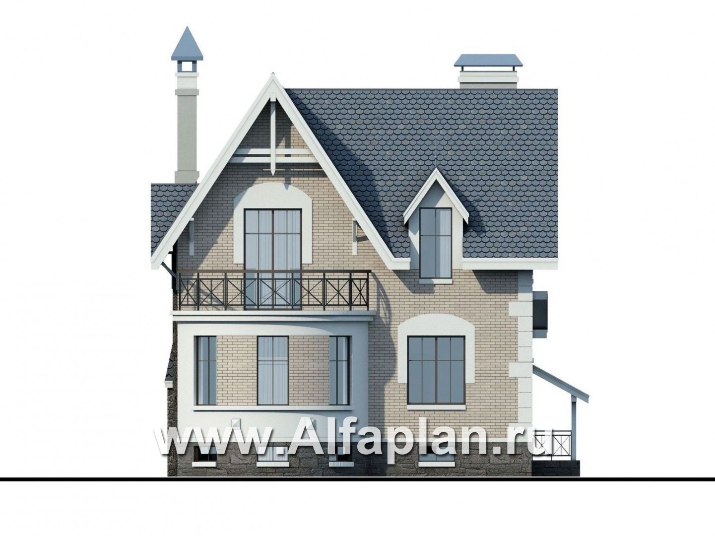 Проекты домов Альфаплан - «Стелла»- проект дома с мансардой, с террасой, с цокольным этажом, в английском стиле - изображение фасада №4