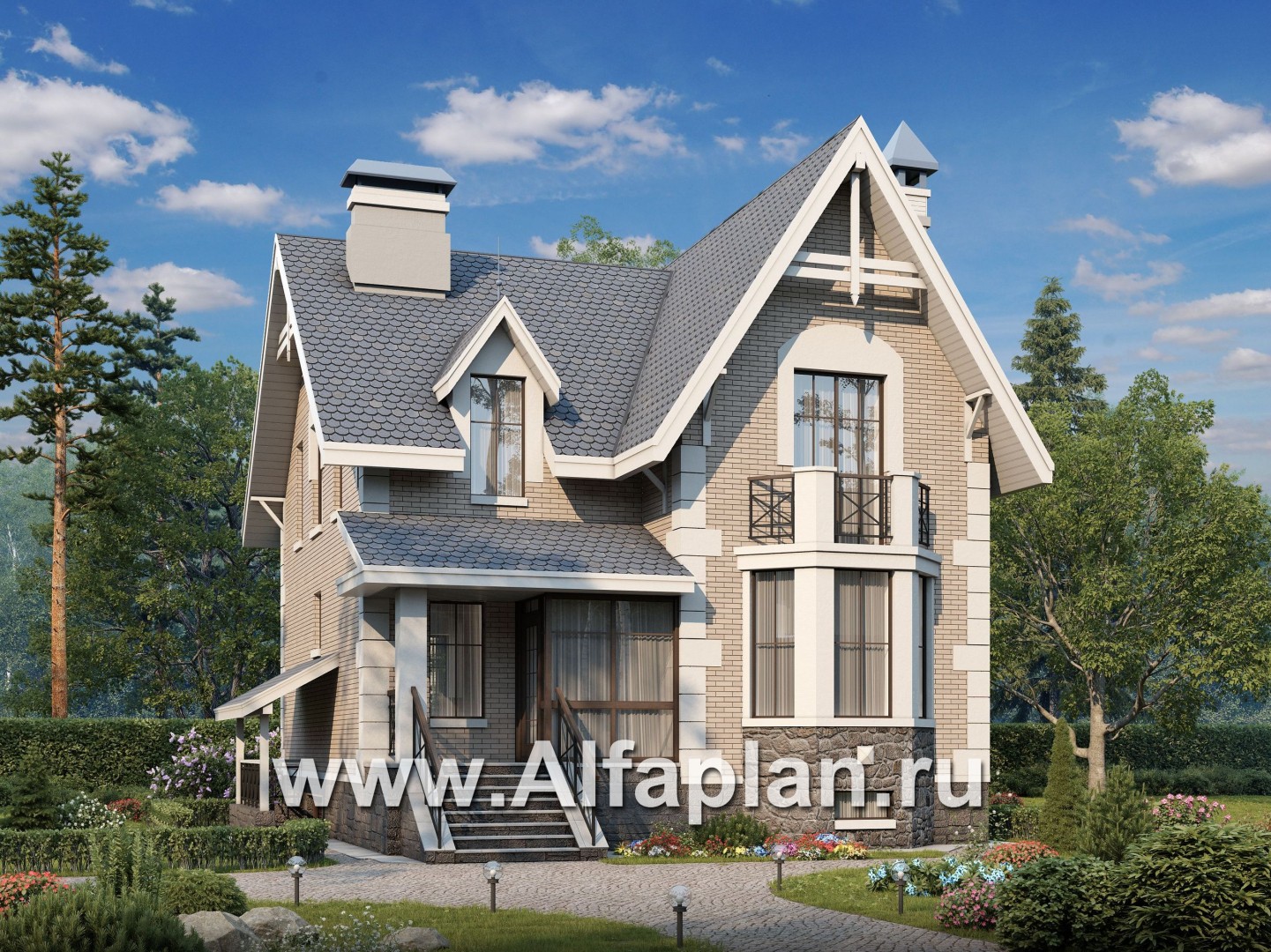 Проекты домов Альфаплан - «Стелла»- проект дома с мансардой, с террасой, с цокольным этажом, в английском стиле - основное изображение