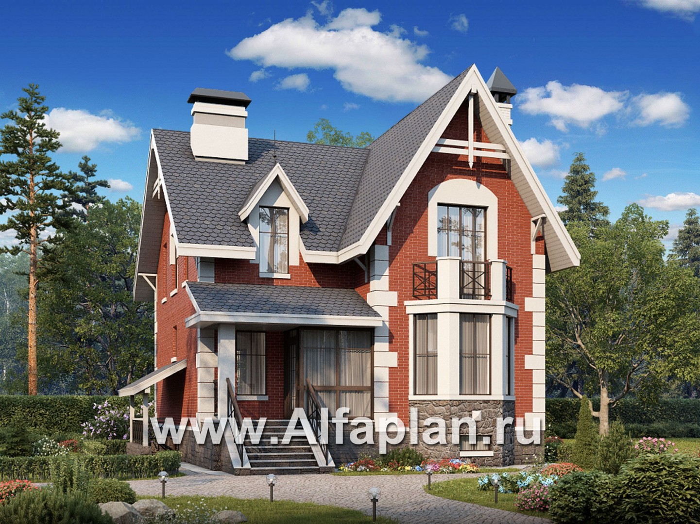 Проекты домов Альфаплан - «Стелла»- проект дома с мансардой, с террасой, с цокольным этажом, в английском стиле - дополнительное изображение №1
