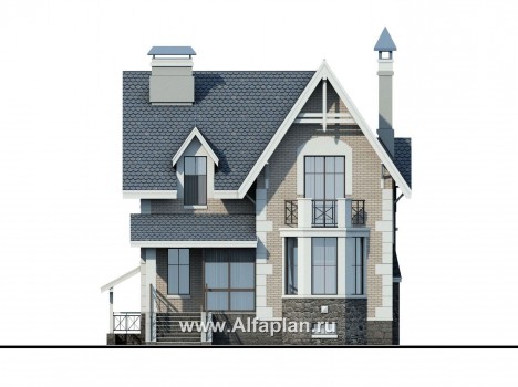 Проекты домов Альфаплан - «Стелла»- проект дома с мансардой, с террасой, с цокольным этажом, в английском стиле - превью фасада №1