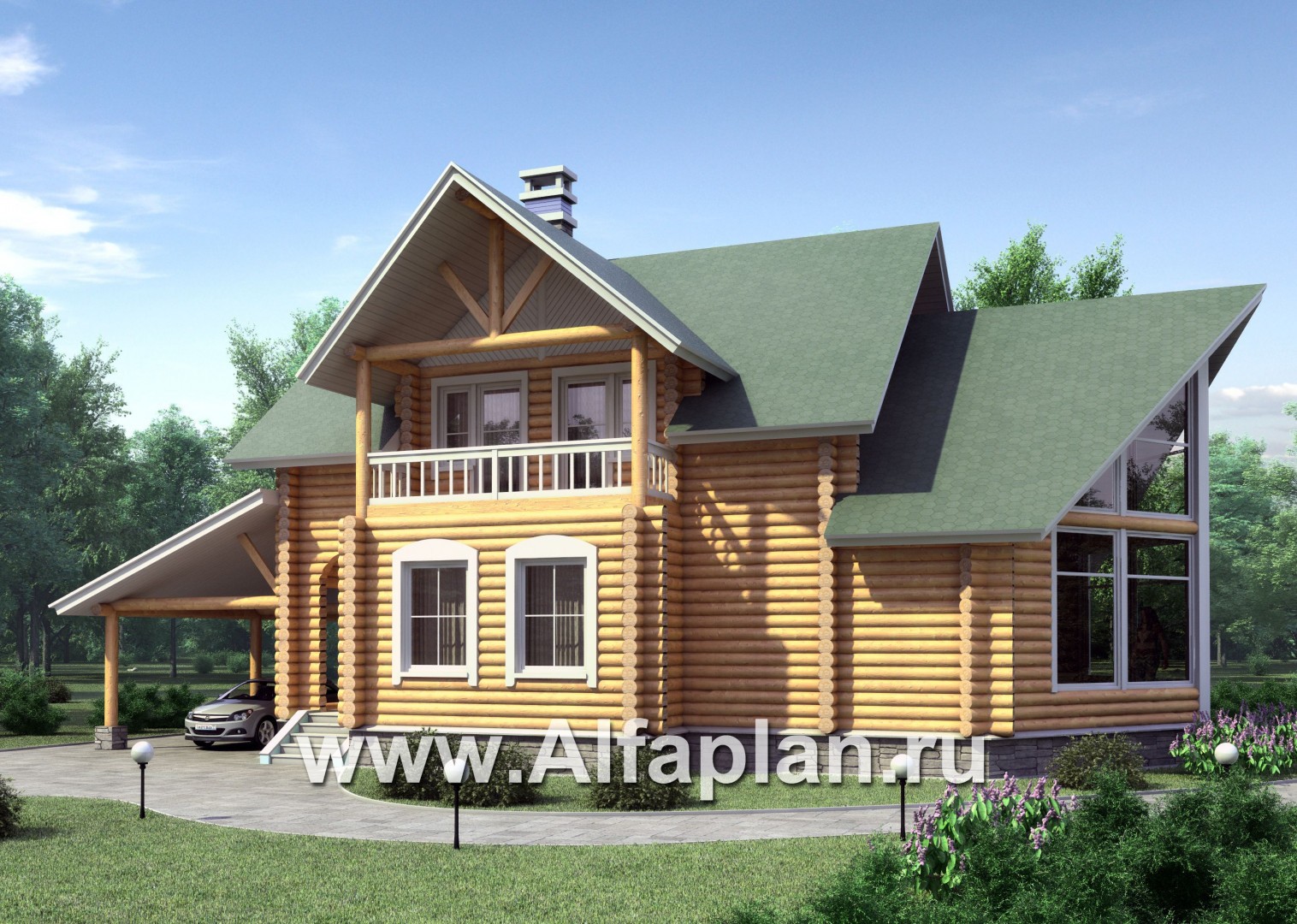 Проекты домов Альфаплан - «Новая Традиция» - деревянный дом с треугольной верандой - основное изображение