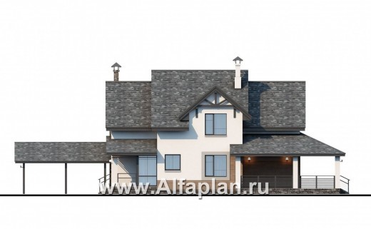 Проекты домов Альфаплан - «Роза ветров» - загородный дом с летней куxней и навесом для машин - превью фасада №2