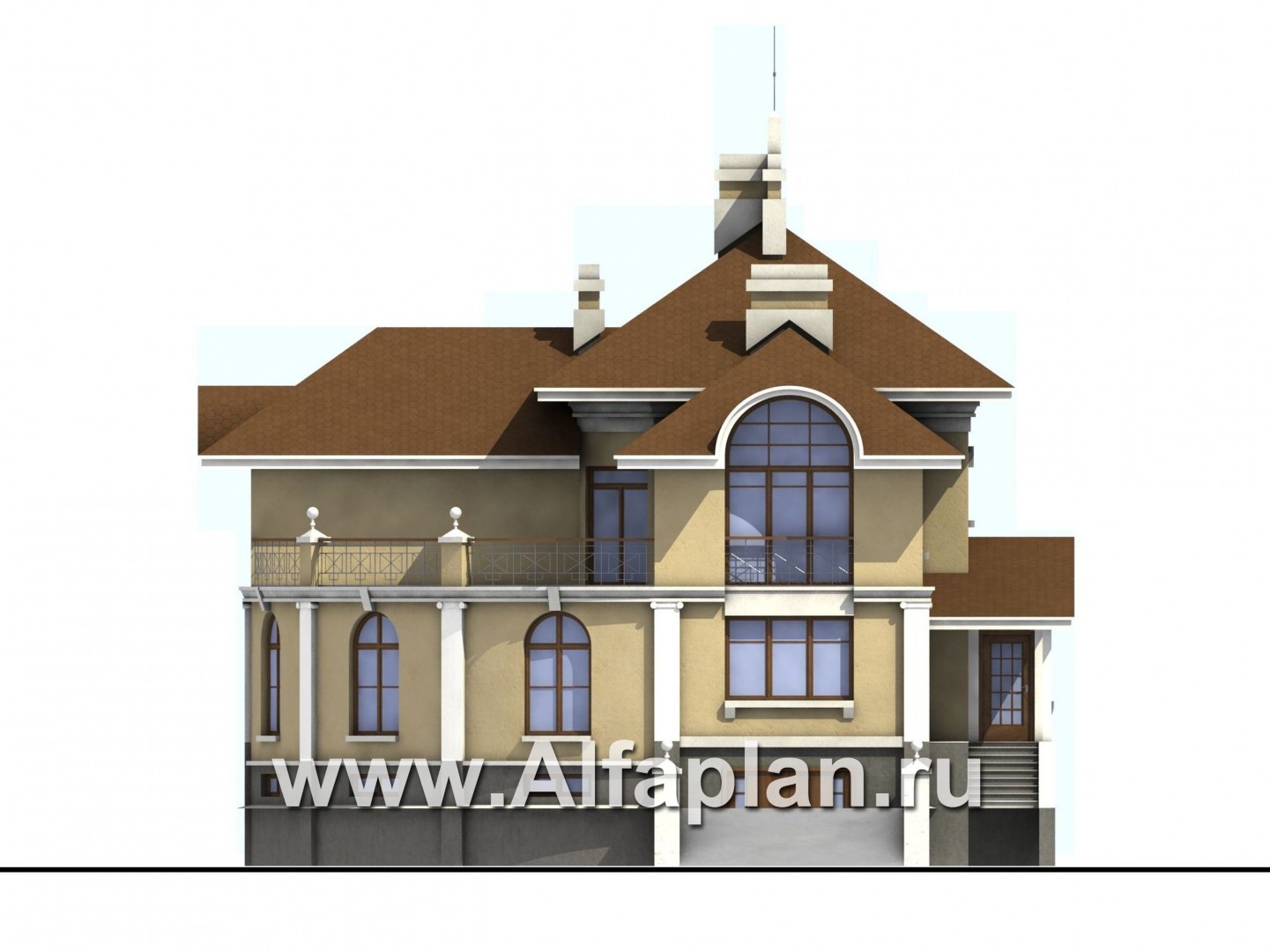 Проекты домов Альфаплан - Проект дома из кирпича «Флоренция» в классическом стиле, с террасой, и с цокольным этажом - изображение фасада №1