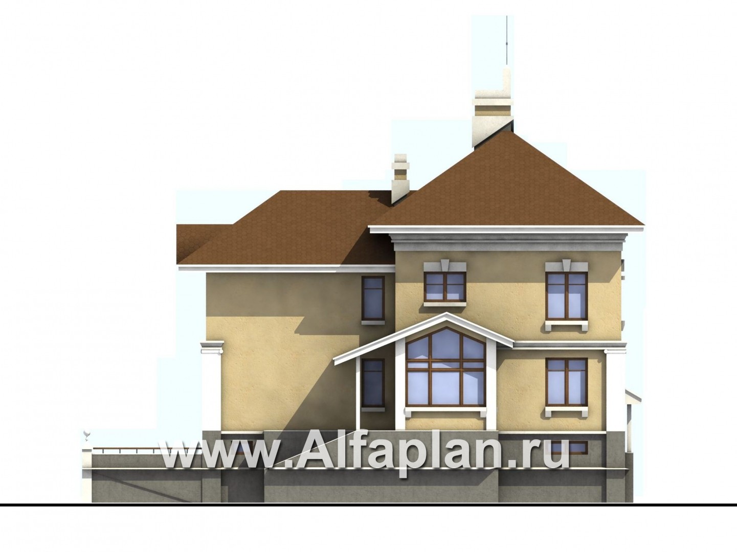 Проекты домов Альфаплан - Проект дома из кирпича «Флоренция» в классическом стиле, с террасой, и с цокольным этажом - изображение фасада №2